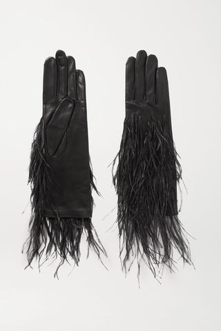Agnelle + Feather-Trimmed Leather Gloves