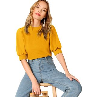 Shein + Puff Sleeve Casual Solid Top