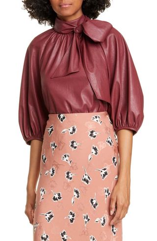 Rebecca Taylor + Tie Neck Faux Leather Top