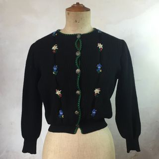 Vintage + Black Floral Embroidered Knitted Wool Cardigan