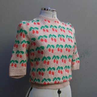 Vintage + 50s Sweater Cherry Fair Isle Wool Hand Knitted Jumper Top