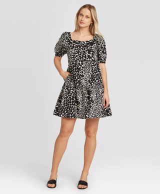 Who What Wear x Target + Leopard Print Puff Short Sleeve Dress