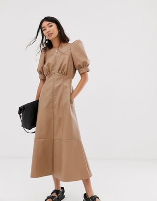 ASOS + Leather Look Puff Sleeve Zip Through Midi Dress