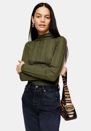 Topshop + Khaki Knitted Funnel Neck Top