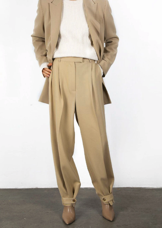 Frankie Shop + Classic Beige Belted Suit Pants With Button Tab Cuff