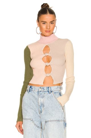 Danielle Guizio + Rib Knit Knotted Long Sleeve Top in Pink Cream Multi