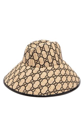 Gucci + GG-Embroidered Snakeskin-Trim Raffia Hat