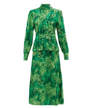 Alessandra Rich + Crystal-Button Rose-Print Pleated Silk Dress