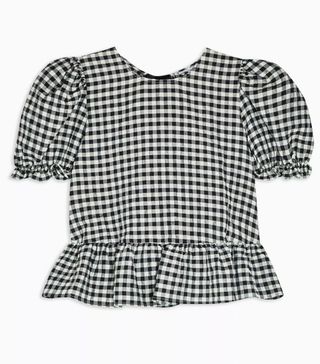 Topshop + Mint Check Bow Back Puff Blouse