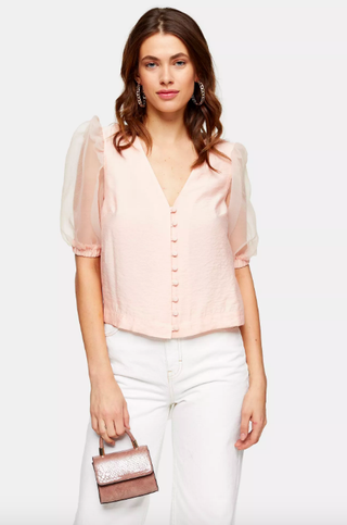 Topshop + Pink Organza Sleeve Button Through Blouse