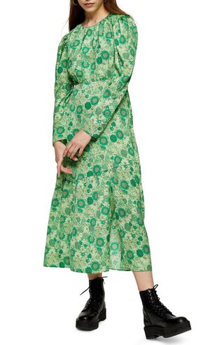 Topshop + Floral Print Long Sleeve Midi Dress