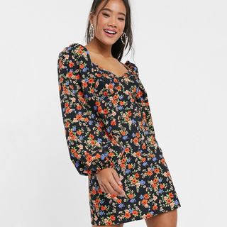 ASOS + Cotton Mini Dress With Puff Sleeves