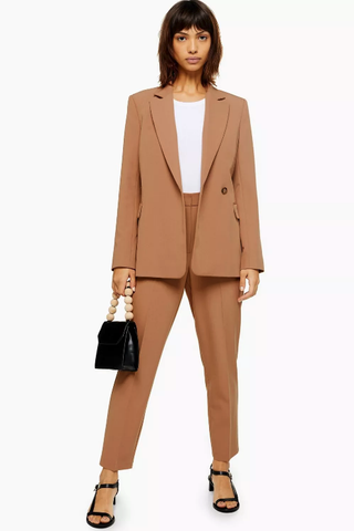 Topshop + Camel Double Breasted Blazer & Suit Pants