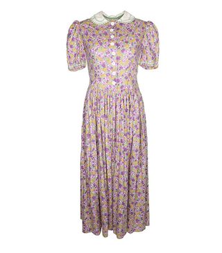 Vintage + 40s Green and Purple Floral Cotton Tea Dress