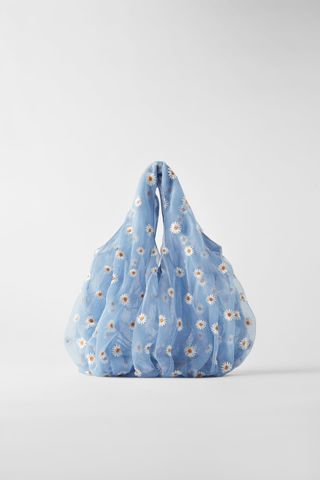 Zara + Embroidered Tulle Bucket Bag