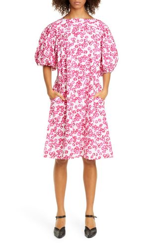 Merlette + Floral Print Puff Sleeve Cotton Shift Dress