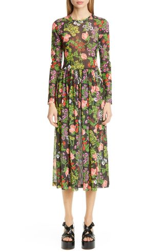 Molly Goddard + Alberta Floral Print Long Sleeve Mesh Midi Dress
