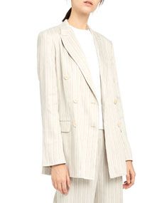 Theory + Striped Double-Breasted Tailored Linen Jacket