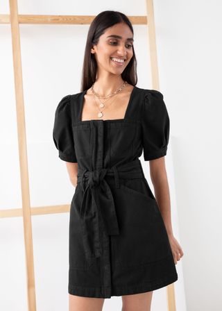 & Other Stories + Belted Puff Sleeve Denim Mini Dress