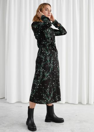 & Other Stories + Floral Open Collar Belted Midi Dress