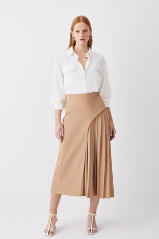 Karen Millen + Buckle Detail Pleated Midi Skirt