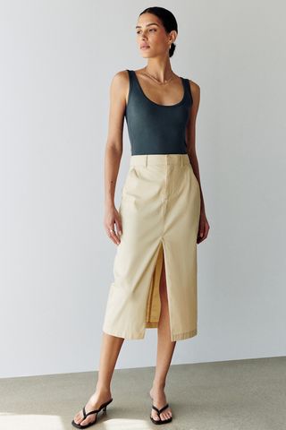 Abercrombie and Fitch + Mid Rise Chino Midi Skirt