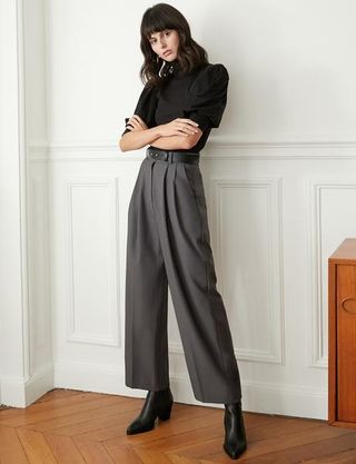 Pixie Market + Grey Belted Pleated Pants
