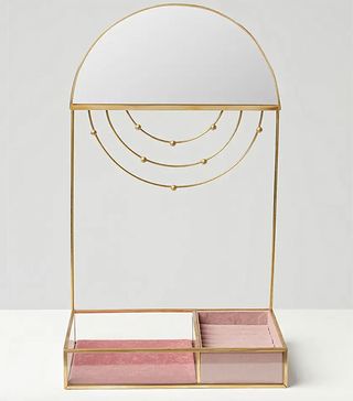 Glass & Gold + Brass Mirror Pink Jewellery Box & Stand