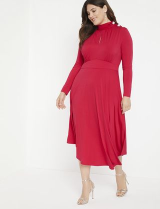 Eloquii + Keyhole Mock Neck Dress with Button Detail