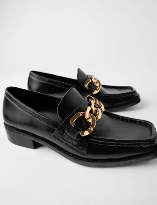 Zara + Square Toe Chain Trim Leather Loafers