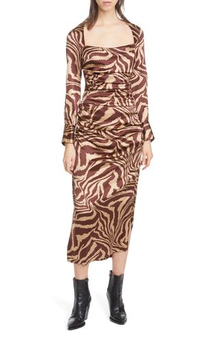 Ganni + Tiger Stripe Stretch Silk Long Sleeve Silk Midi Dress