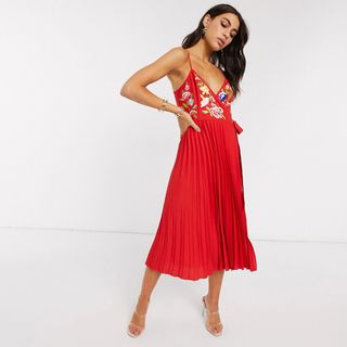 ASOS Design + Embroidered Pleated Cami Wrap Midi Dress in Red
