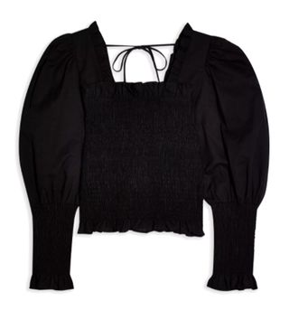 Topshop + Black Shirred Long Sleeve Top