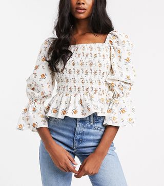 ASOS Design + Long Sleeve Floral Top With Shirring