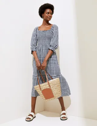 M&S Collection + Linen Rich Gingham Square Neck Midi Dress