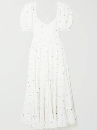 Rixo + Cannes Open-Back Tiered Embroidered Cotton Midi Dress