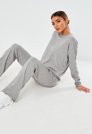 Missguided + Gray Knit Oversized Top and Pants Co Ord Set