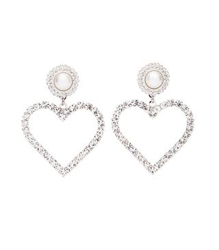 Alessandra Rich + Crystal and Faux-Pearl Heart Clip Earrings