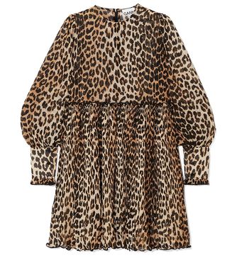 Ganni + Leopard-Print Plissé-Georgette Mini Dress