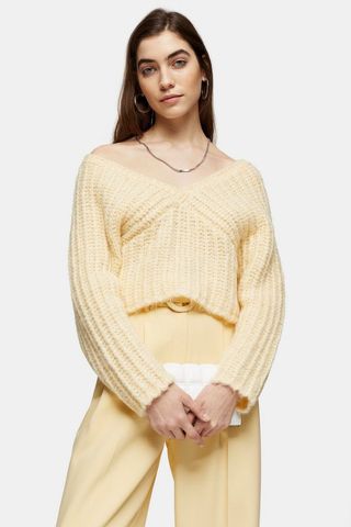 Topshop + Buttermilk Knitted V Fluffy Crop Sweater