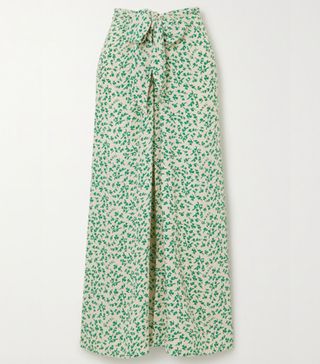 Ganni + Tie-Front Floral-Print Crepe Midi Skirt