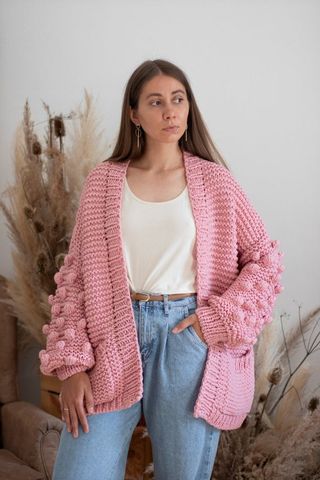 KnityaWearShop + Chunky Knit Cardigan With Pockets Bubble Knit Sweater