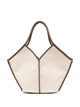 white canvas tote bag with brown leather details