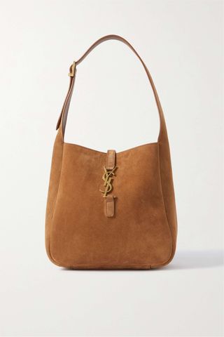 tan suede tote bag with YSL logo hardware