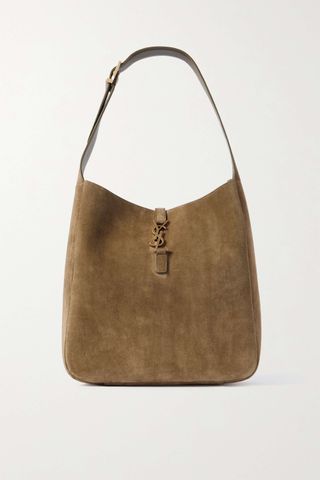 taupe suede tote bag with YSL logo hardware