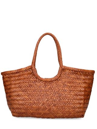 tan braided basket bag