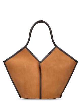 tan suede bag with black leather details