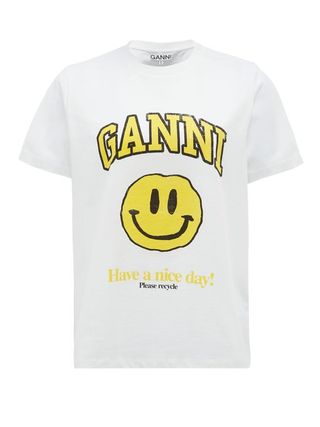 Ganni + Smiling Face-Print Organic-Cotton T-Shirt