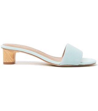 Who What Wear + Nicola Block Mid Heeled Sandals in Aqua Blue Leather