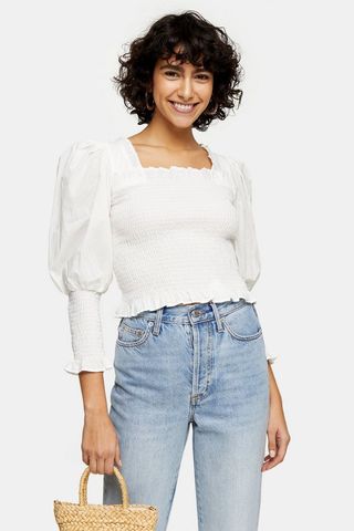 Topshop + Ivory Shirred 3/4 Sleeve Top